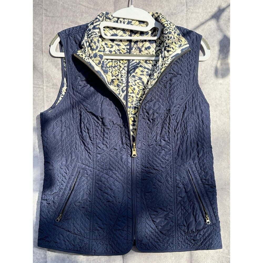 Quilted Reversible Vest Navy Blue Leopard Print Collar Zip Pockets Womens